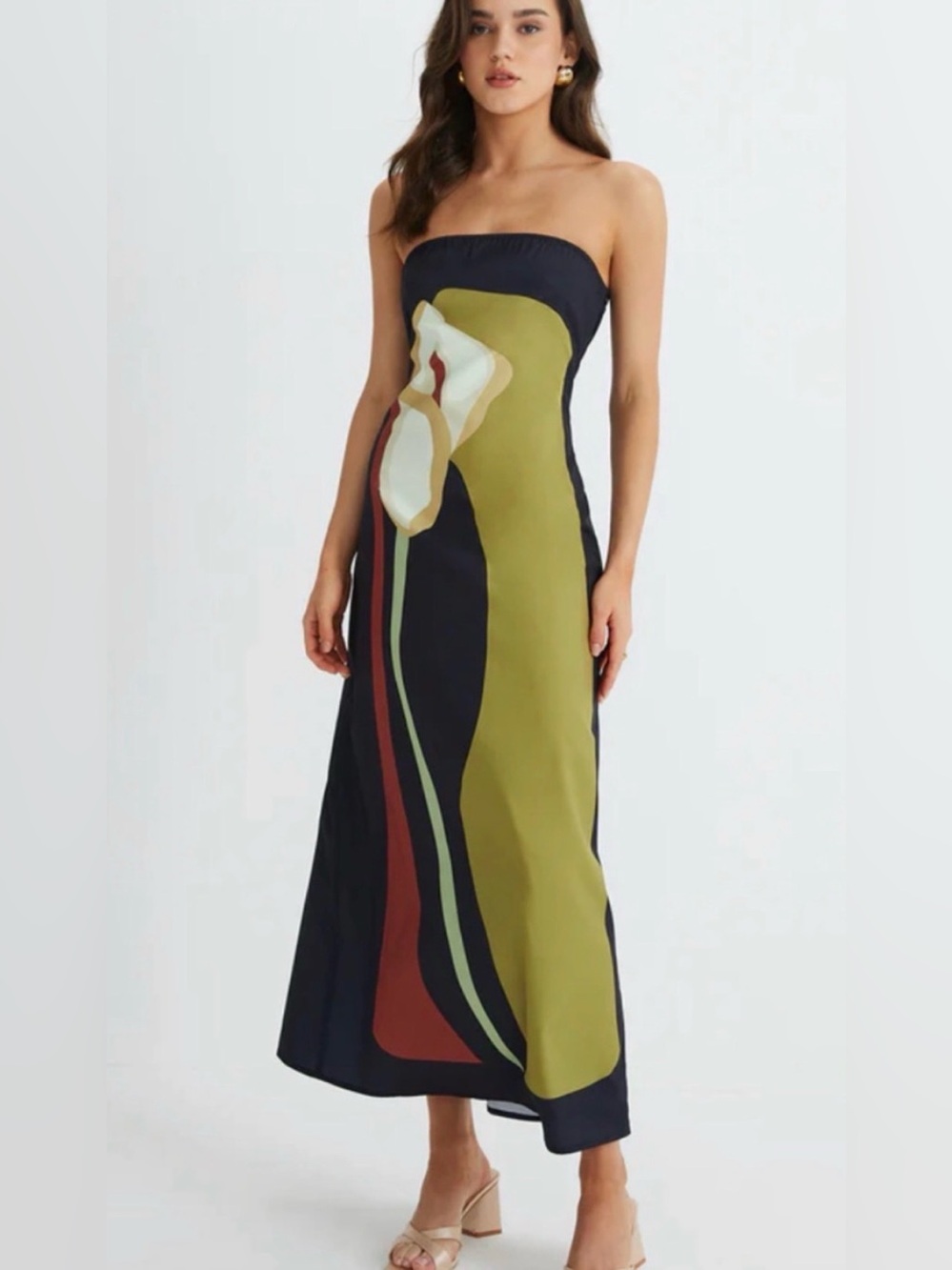 STRAPLESS MAXI Dress Abstract Print in Black and Olive White Tulip.